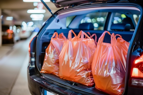 orange poly bags in car boot 