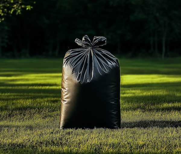 black trade waste sack on grass